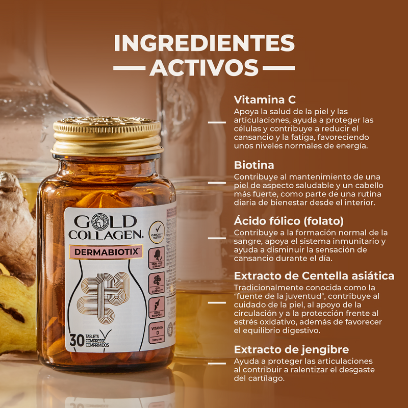 Gold Collagen Dermabiotix supplement bottle with active ingredients listed on a brown background