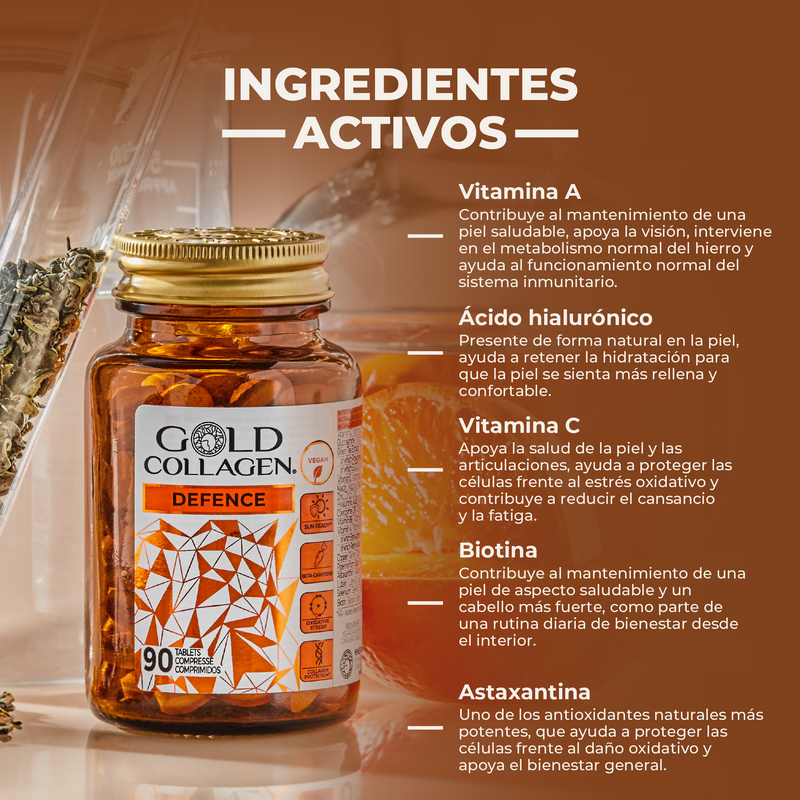 Gold Collagen Defence supplement bottle with active ingredients listed on a brown background