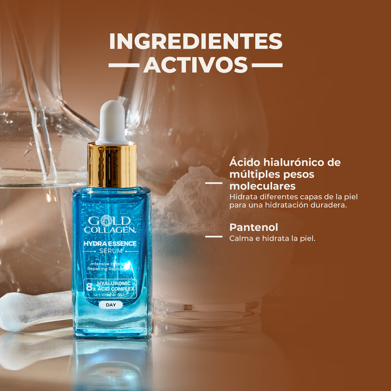 Gold Collagen serum bottle with ingredients listed on a blurred background