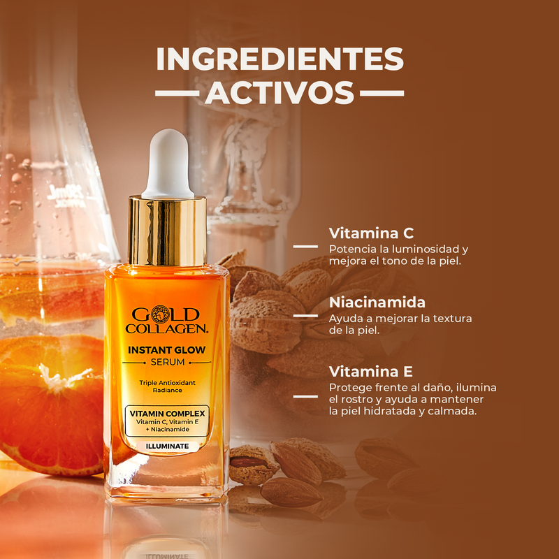 Gold Collagen instant glow serum with ingredients listed on a brown background