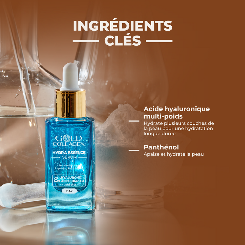 Blue serum bottle with dropper labeled 'Gold Collagen' on a blurred background