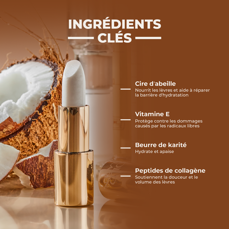 Lip balm with coconut and beeswax ingredients on a brown background