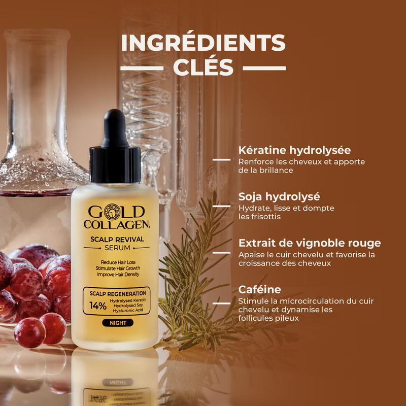 Gold Collagen scalp revival serum with ingredients listed on a brown background