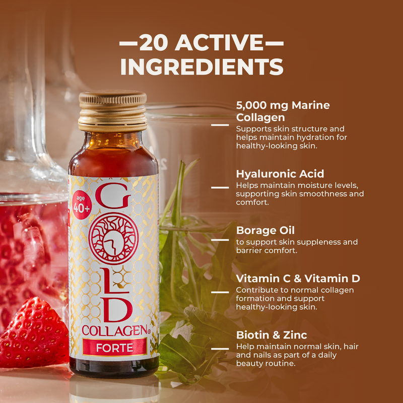 Collagen supplement bottle with ingredients listed on a brown background