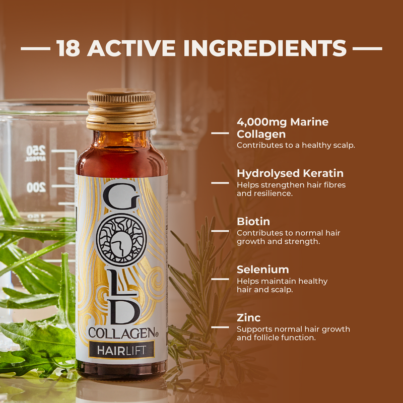 Gold Collagen hairlift bottle with ingredients listed on a brown background