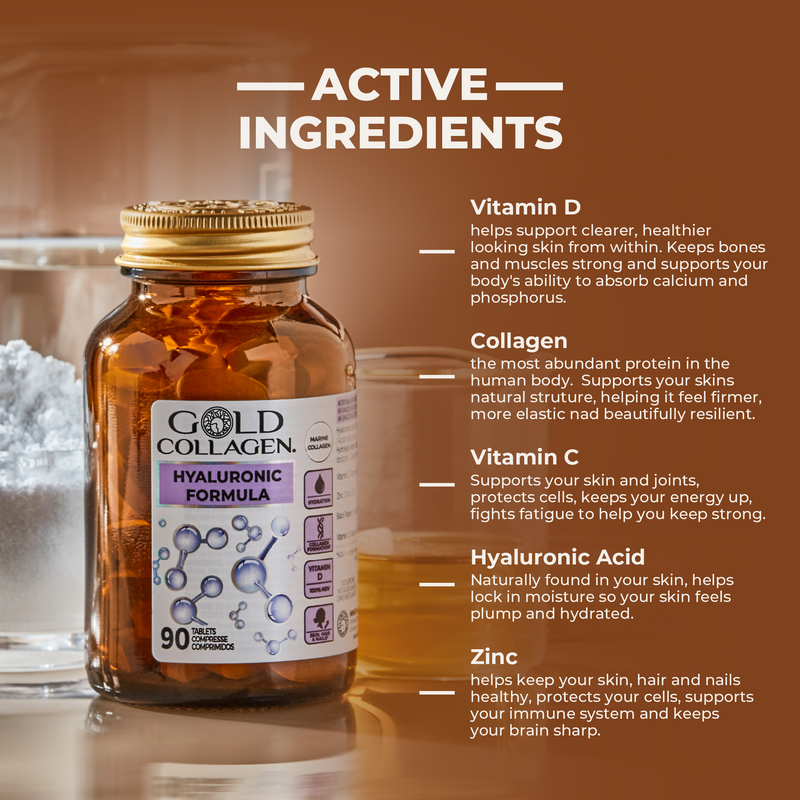 Gold Collagen supplement bottle with active ingredients listed on a brown background