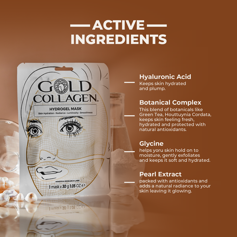 Gold Collagen hydrogel mask packaging with active ingredients listed on a brown background