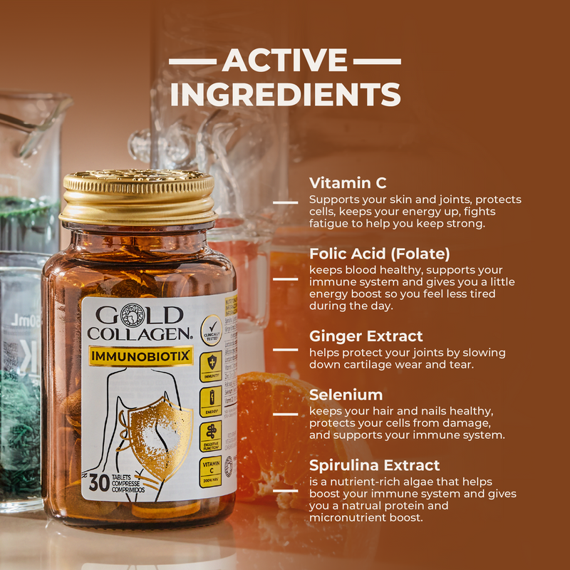 Gold Collagen supplement bottle with active ingredients listed on a brown background