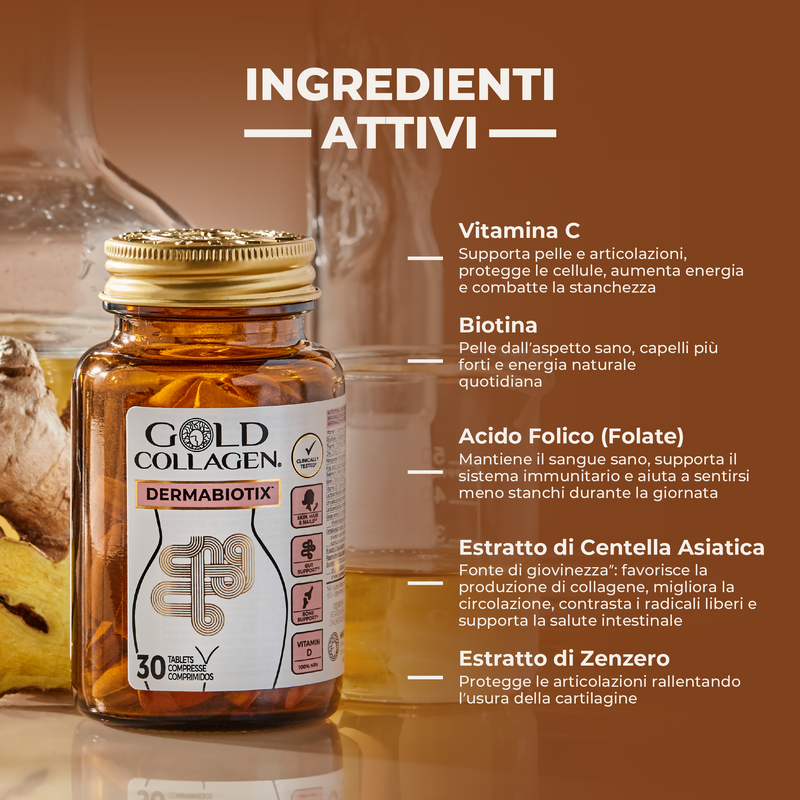Gold Collagen Dermabiotix supplement bottle with active ingredients listed on a brown background