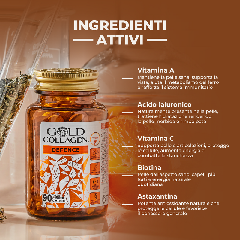 Gold Collagen Defence supplement bottle with active ingredients listed on a brown background