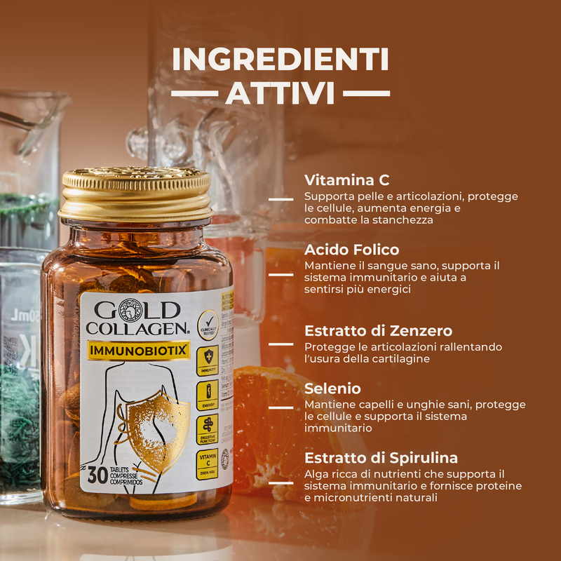 Gold Collagen Immunobiotix supplement bottle with active ingredients listed on a brown background
