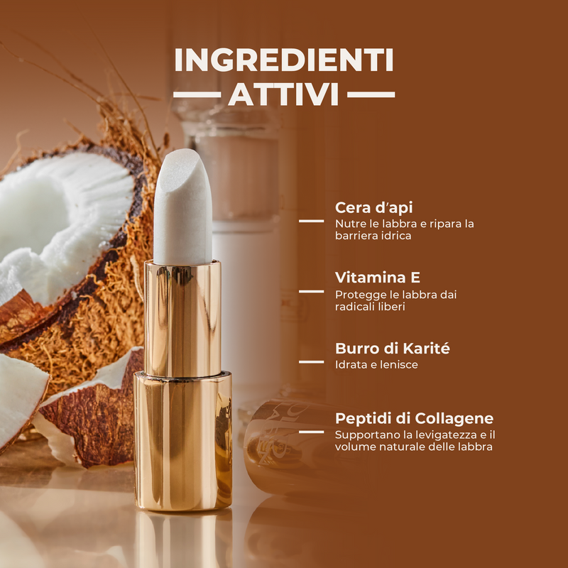 Lip balm with coconut and glass bottle on a brown background, featuring active ingredients text.