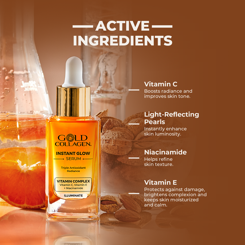 Gold Collagen instant glow serum with active ingredients listed on a brown background