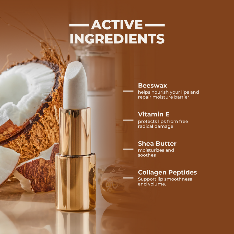 Lip balm with coconut and text listing active ingredients on a brown background