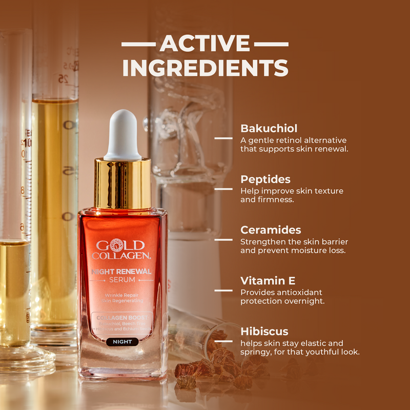 Gold Collagen night renewal serum with active ingredients listed on a brown background