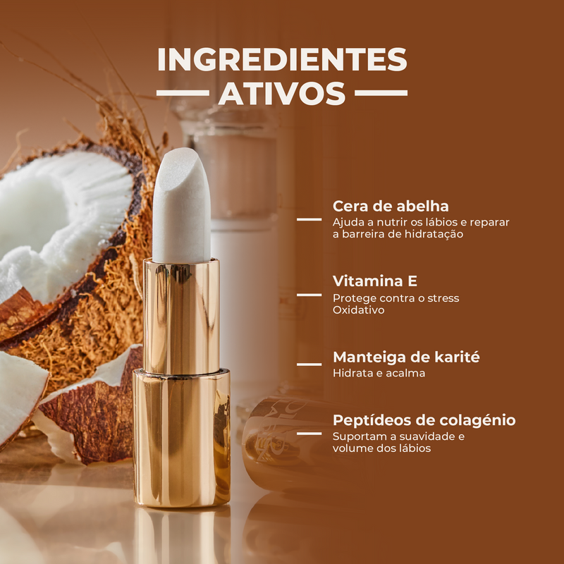 Lip balm with coconut and other ingredients on a brown background