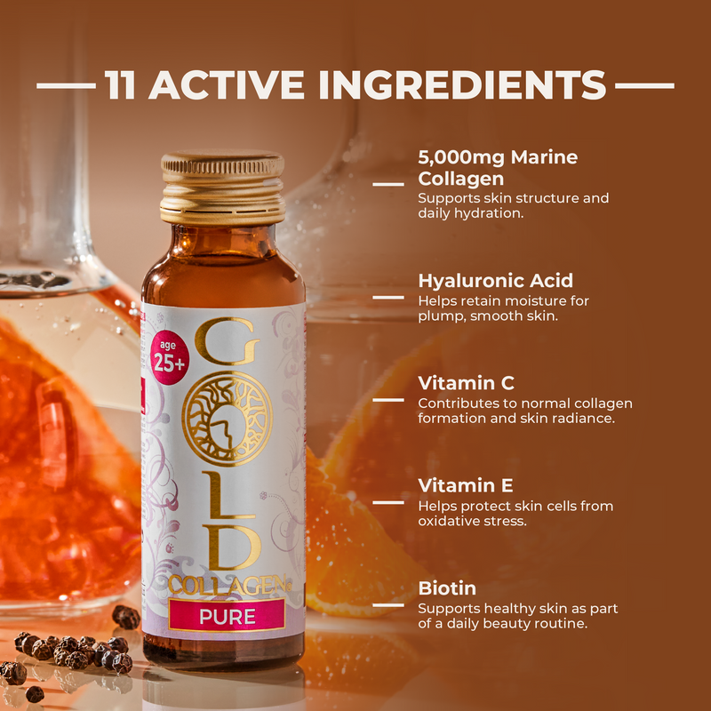 Gold Collagen Pure bottle with 11 active ingredients listed on a brown background