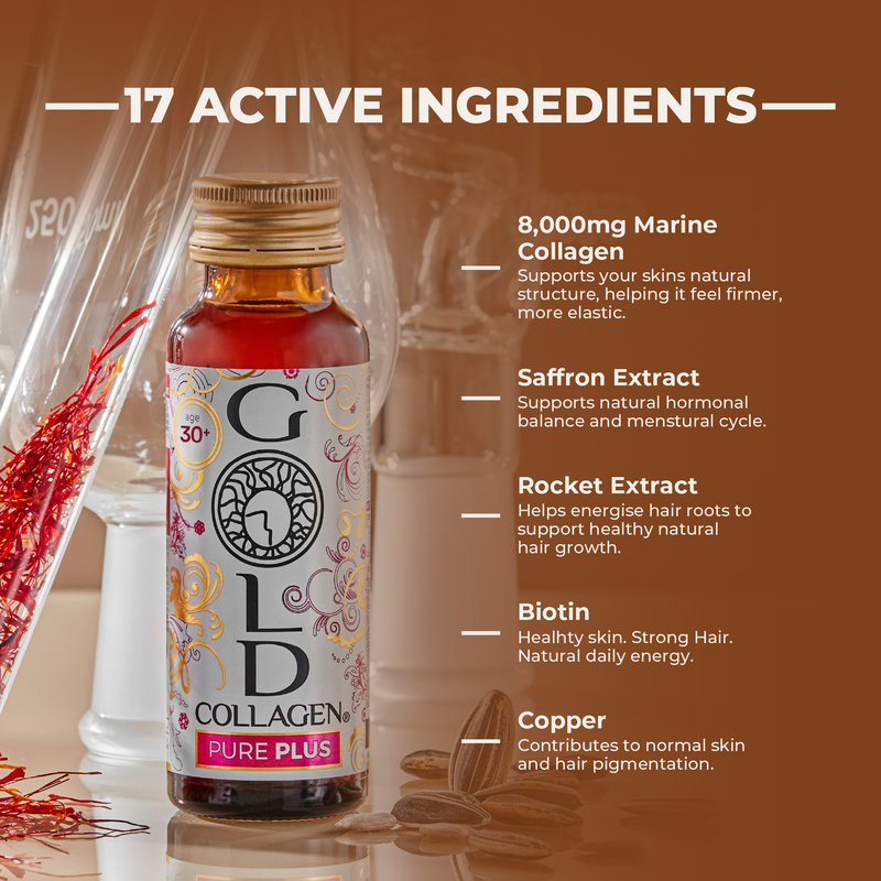 GOLD Collagen bottle with product details on a brown background