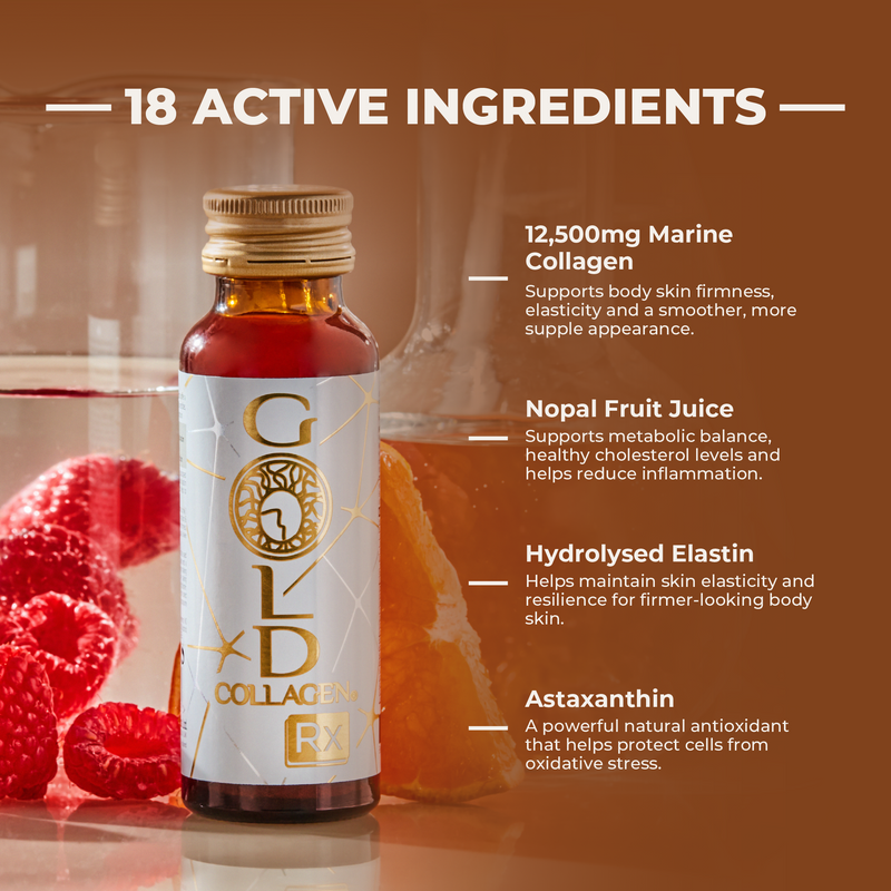 Gold Collagen RX bottle with ingredients listed on a brown background