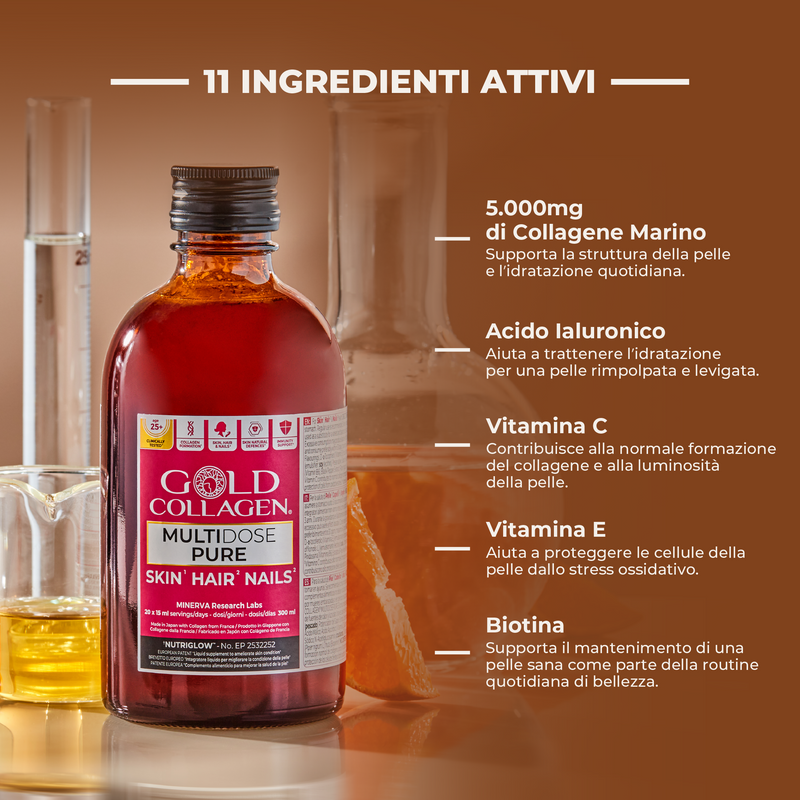Gold Collagen multivitamin supplement bottle with active ingredients listed on a brown background
