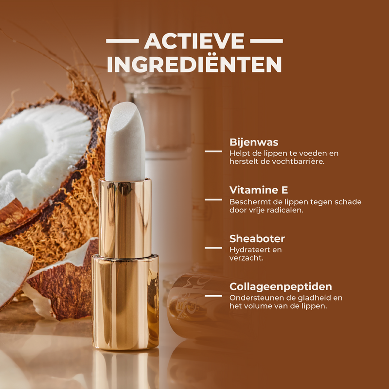 Lip balm with coconut and text about active ingredients on a brown background