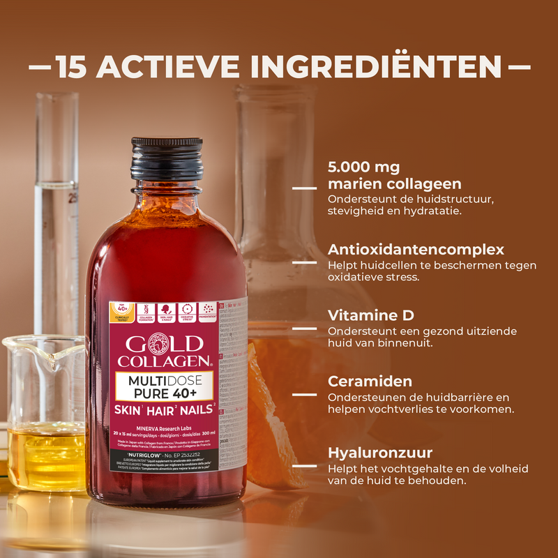 Bottle of Gold Collagen supplement with ingredients listed on an orange background
