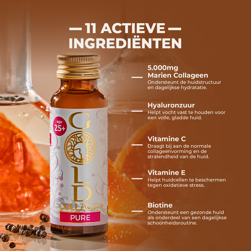 Gold Collagen Pure bottle with ingredients listed on a brown background
