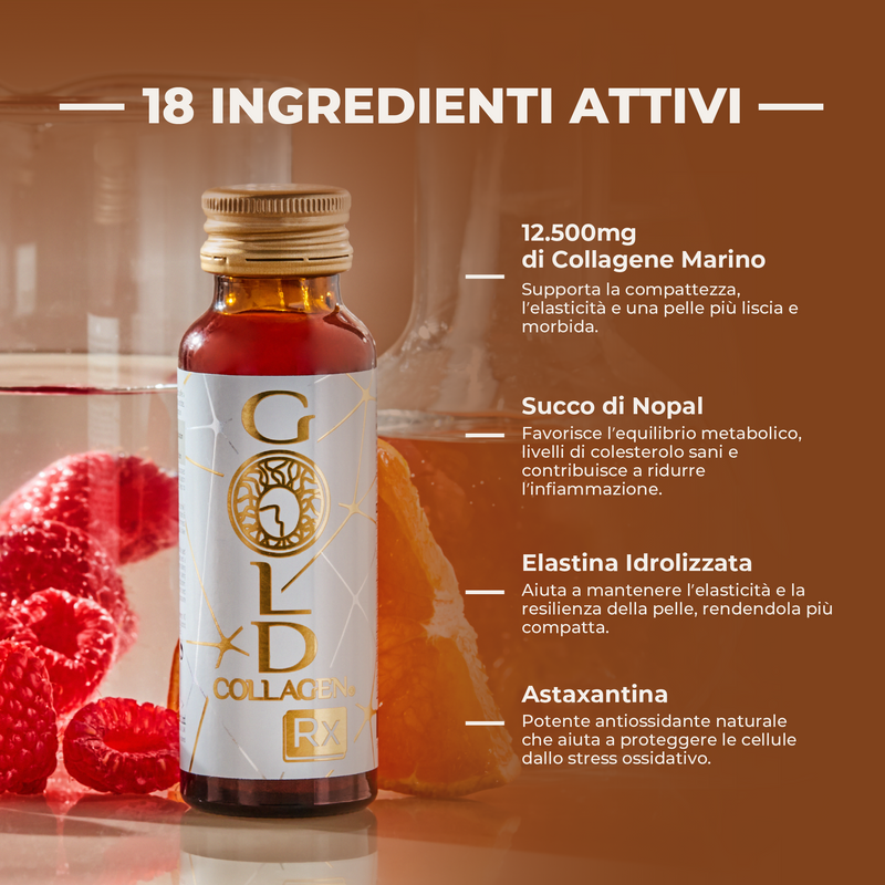 Gold Collagen RX bottle with ingredients listed on a brown background