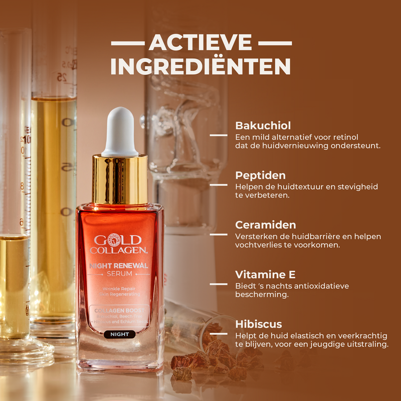 Cosmetic serum bottle with dropper labeled 'Gold Collagen' on a brown background with text about active ingredients.