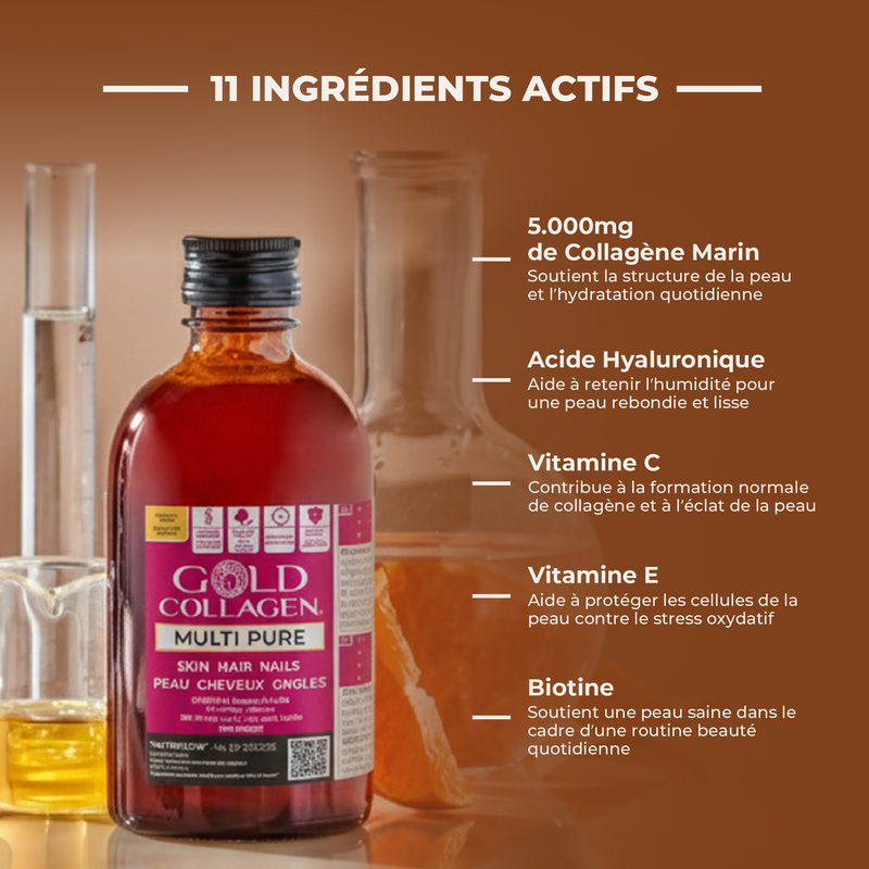 Gold Collagen Multi Pure bottle with active ingredients listed on a brown background