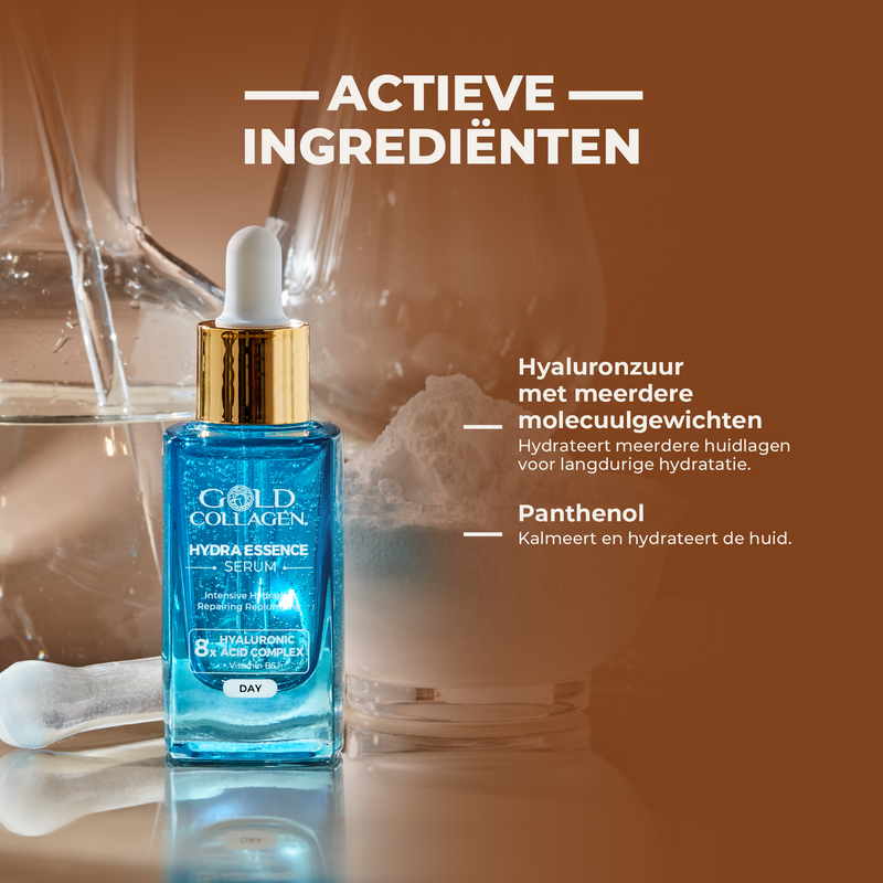 Gold Collagen serum bottle with dropper on a blurred background
