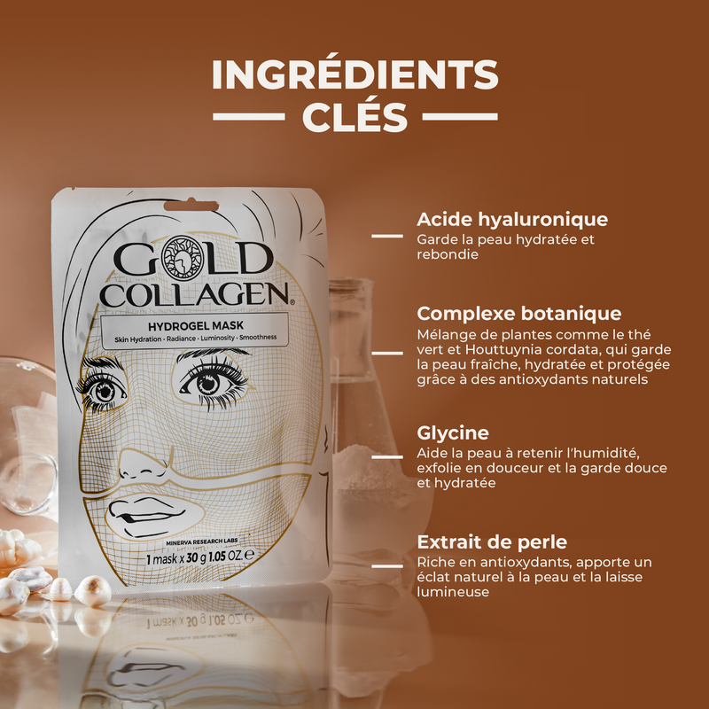 Gold Collagen hydrogel mask packaging with key ingredients on a brown background