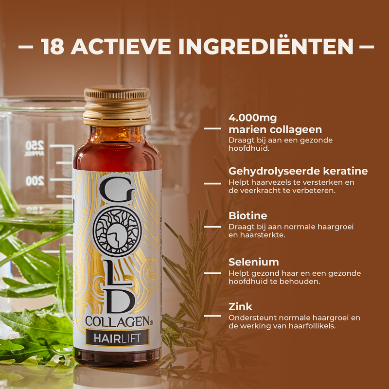 Gold Collagen Hairlift bottle with ingredients listed on a brown background