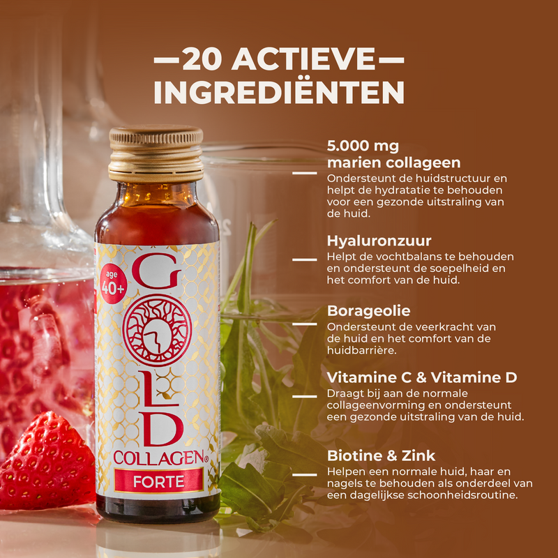 Collagen supplement bottle with ingredients listed on a brown background