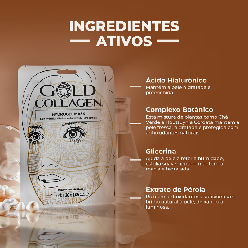 Gold Collagen hydrogel mask packaging with active ingredients listed on a brown background