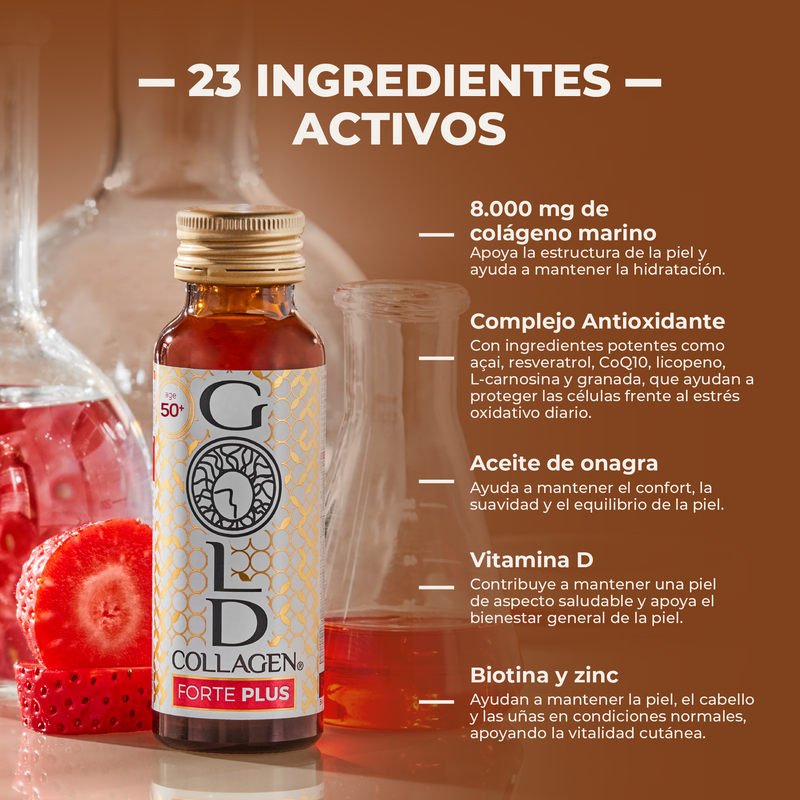 Bottle of Gold Collagen Forte Plus with ingredients listed on a brown background