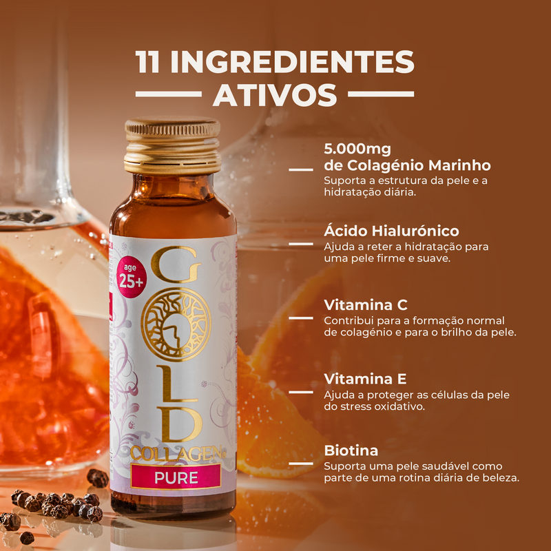Bottle of Gold Collagen Pure with active ingredients listed on an orange background