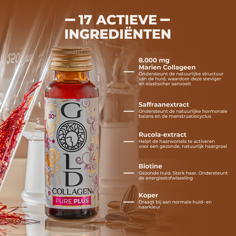 Bottle of Gold Collagen with ingredients listed on a brown background