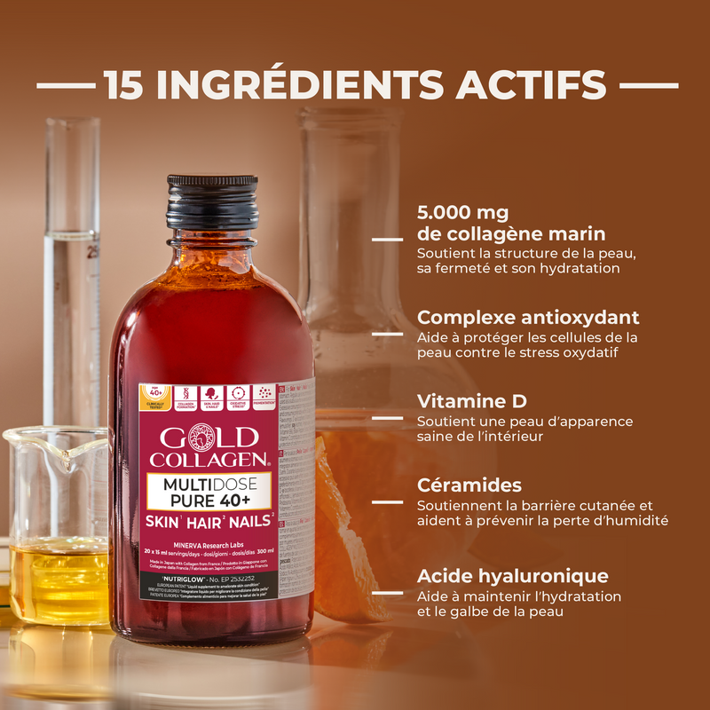 Gold Collagen supplement bottle with active ingredients listed on a brown background