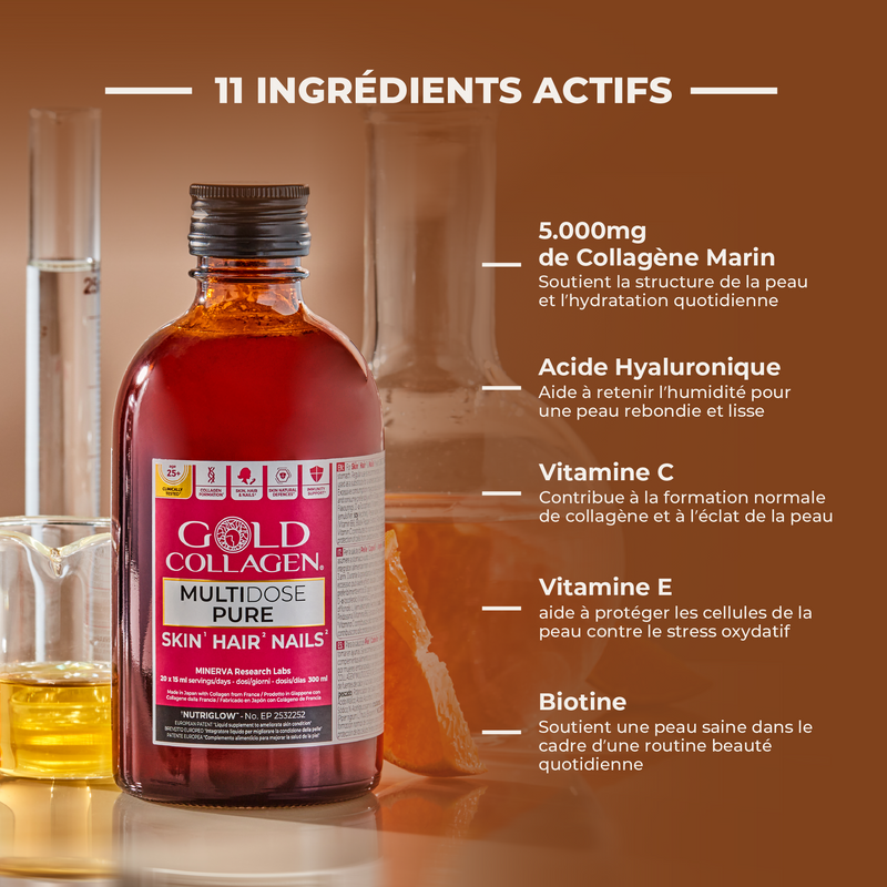 Gold Collagen multivitamin bottle with active ingredients listed on a brown background