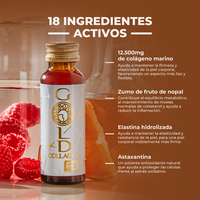 Gold Collagen RX bottle with ingredients listed on a brown background