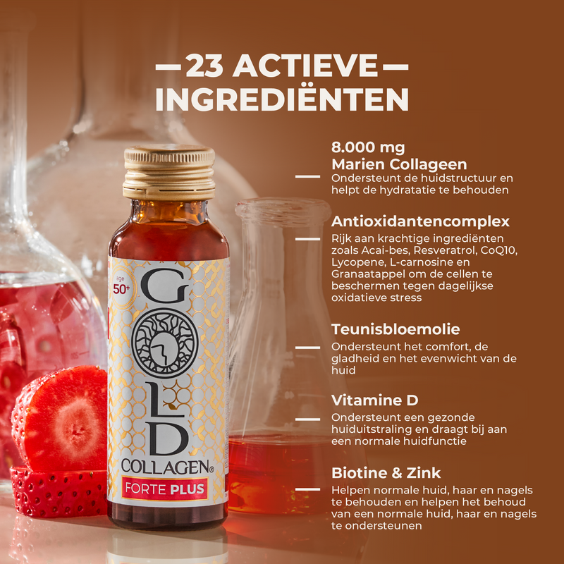 Collagen supplement bottle with ingredients listed on a brown background