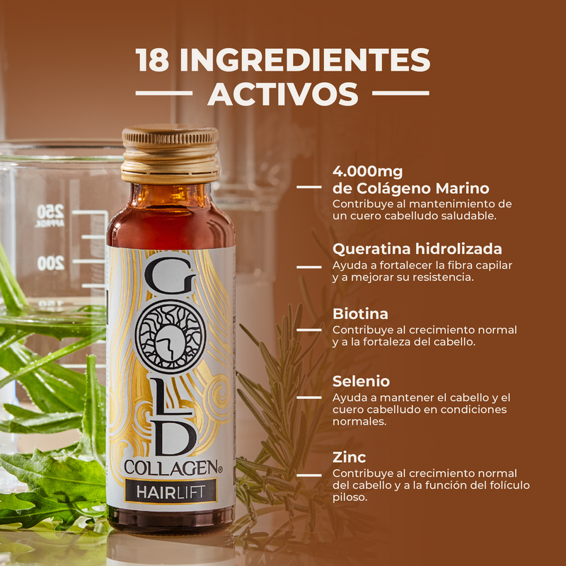 Bottle of Gold Collagen Hairlift with active ingredients listed on a brown background
