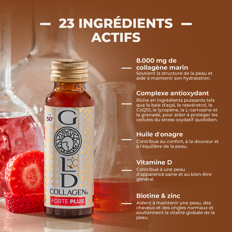 Bottle of Gold Collagen with ingredients listed on a brown background