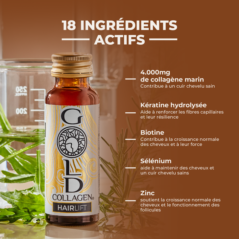 Bottle of Gold Collagen Hairlift with ingredients listed on a brown background
