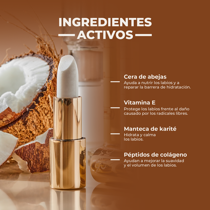 Lip balm with coconut and glass bottle on a brown background, featuring active ingredients text.