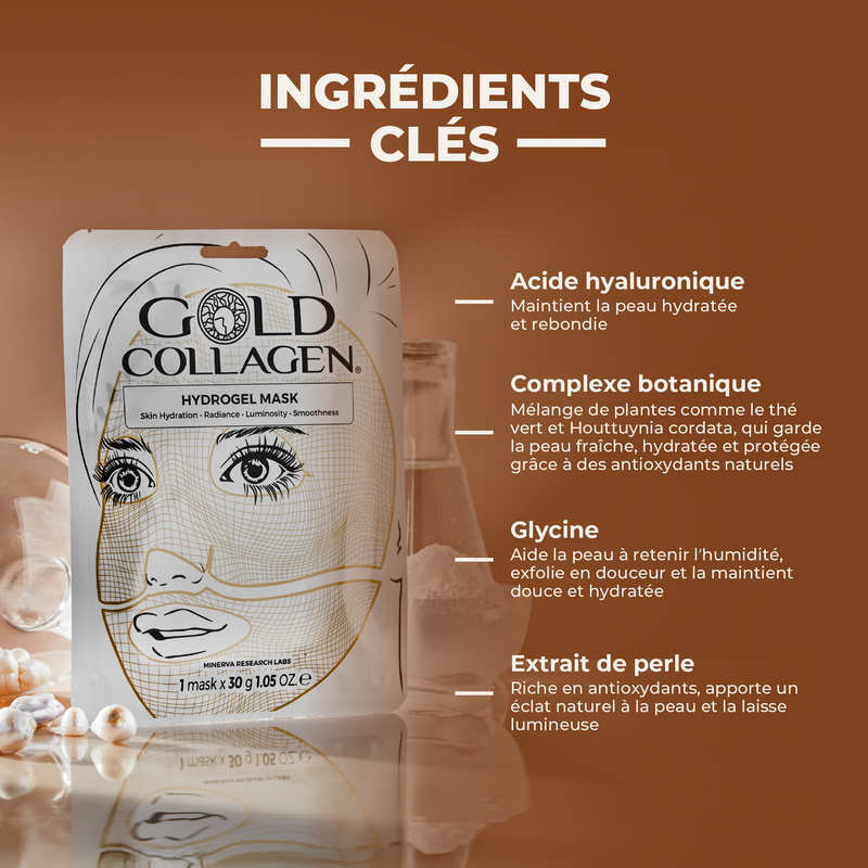 Gold Collagen hydrogel mask packaging with key ingredients on a brown background