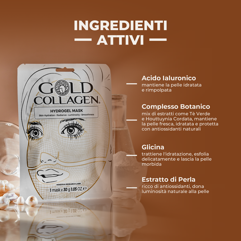 Gold Collagen hydrogel mask packaging with active ingredients on a brown background
