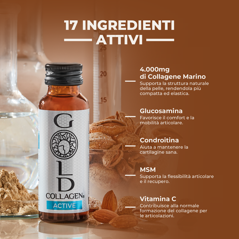 Gold Collagen Active bottle with ingredients listed on a brown background