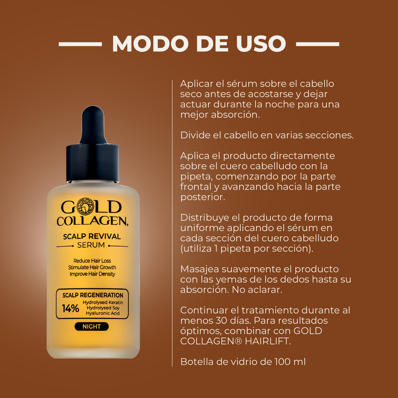 Gold Collagen Scalp Revival Serum bottle with usage instructions on a brown background